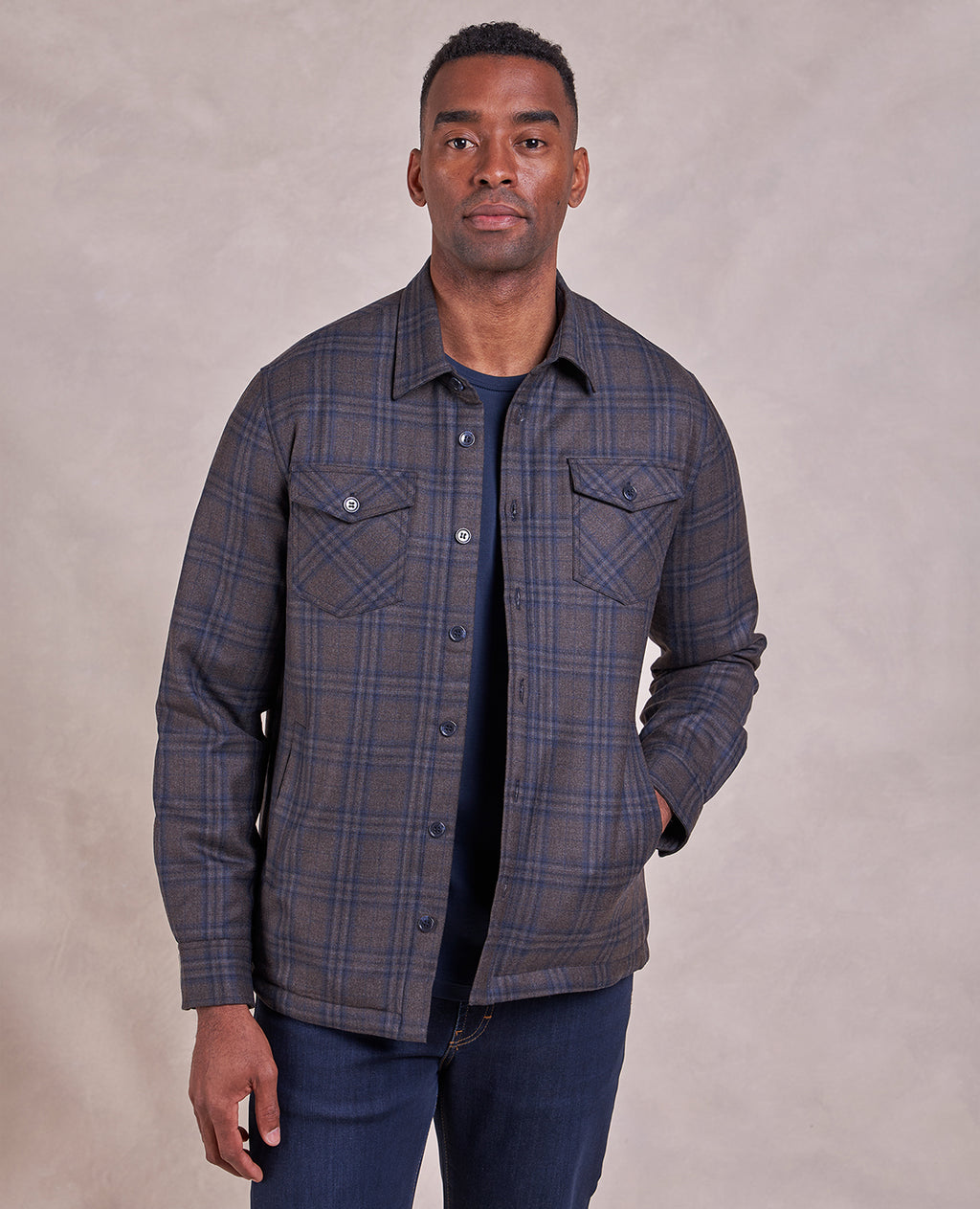 The Barrett - Wool Shirt Jacket w/Quilted Lining - Brown/Navy